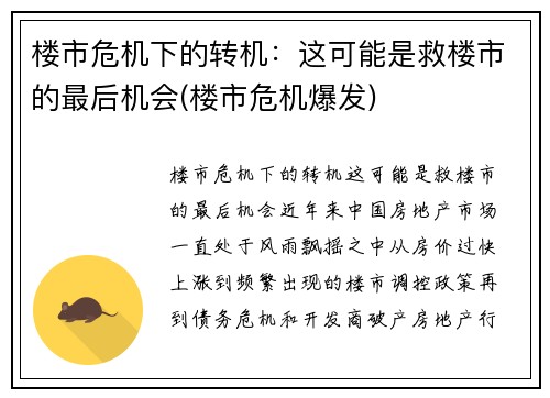 楼市危机下的转机：这可能是救楼市的最后机会(楼市危机爆发)