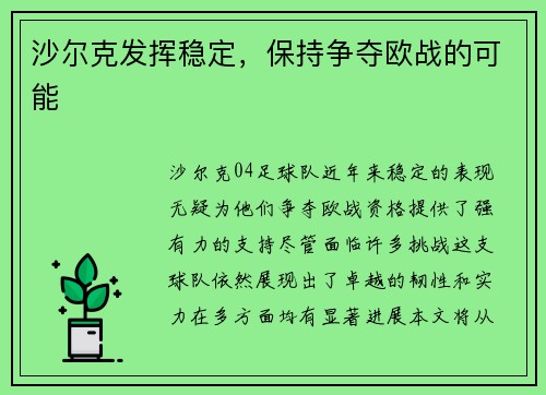 沙尔克发挥稳定，保持争夺欧战的可能