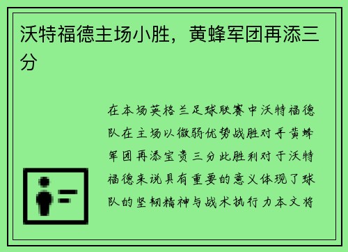 沃特福德主场小胜，黄蜂军团再添三分