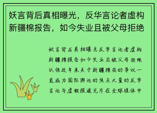 妖言背后真相曝光，反华言论者虚构新疆棉报告，如今失业且被父母拒绝认领